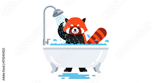 Humorous illustration of a red panda enjoying a relaxing bath under a refreshing shower stream