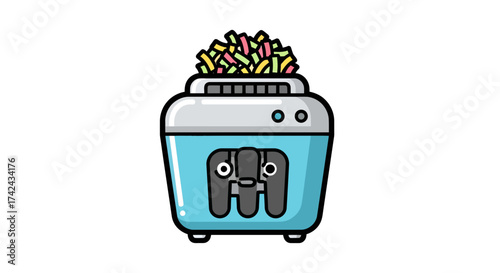 Illustrated document shredder filled with colorful shredded pieces of paper cartoon style