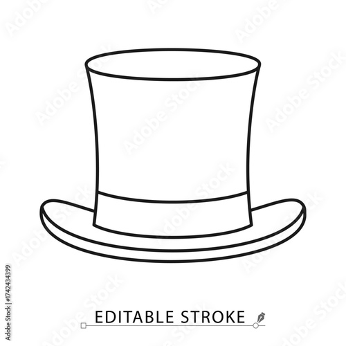 A classic top hat icon in a minimalist line style with editable stroke. Gentleman accessory, vintage fashion, magician show costume, retro formal headwear, man party wear concept.