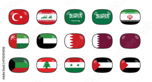 Middle Eastern National Flags Emblems Displayed with Modern Cartoon Aesthetic Design Style