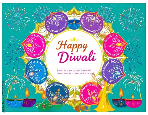 Colorful Happy Diwali greeting with fireworks and ornaments