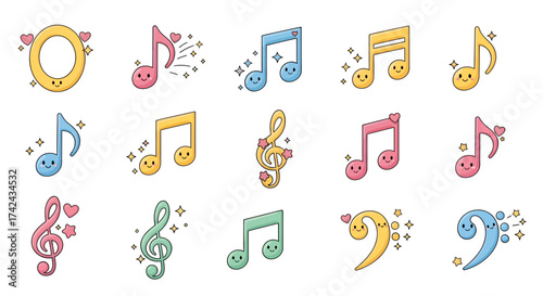 Collection of Kawaii Music Notes with Smiling Faces and Sparkling Accents Set on White