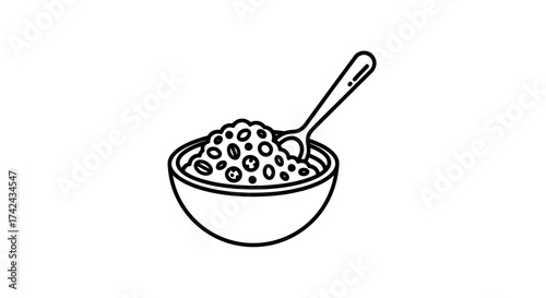 Minimalist drawing of a breakfast bowl filled with cereals and spoon illustration