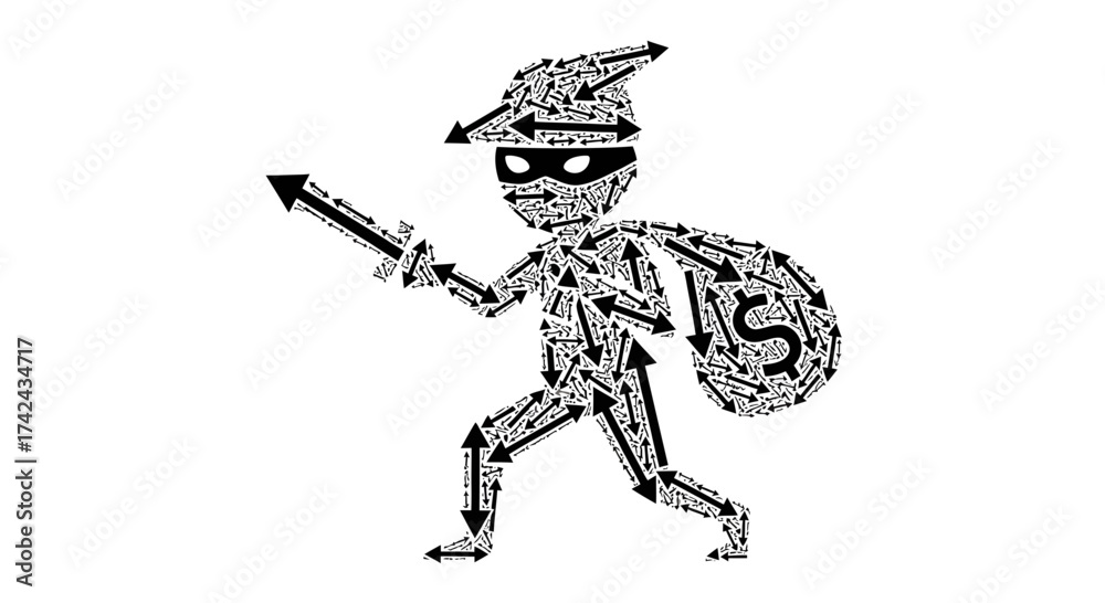 Fototapeta premium Conceptual financial theft illustration created using directional arrow patterns portraying a