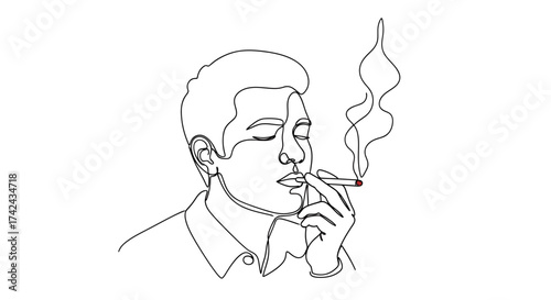 Monochrome line art illustration depicting a pensive male figure smoking a cigarette