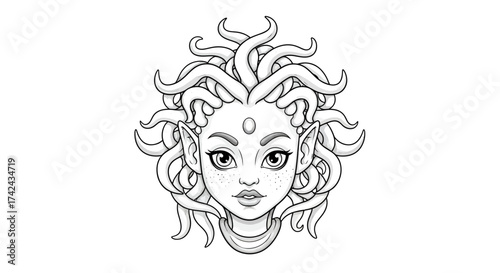 Monochrome mystical creature portrait showcasing ethereal beauty and serpentine hair elegance