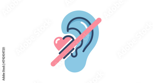 Conceptual depiction conveying ignoring affections, with ear crossed out and heart symbol inside