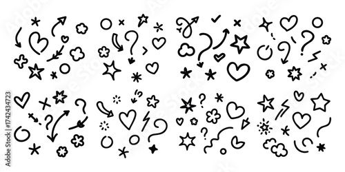 Collection of hand drawn doodle elements including hearts stars arrows question marks and swirls