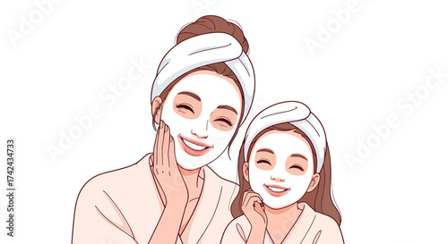 Mother and daughter enjoying a spa day with facial masks, promoting family well-being and beauty