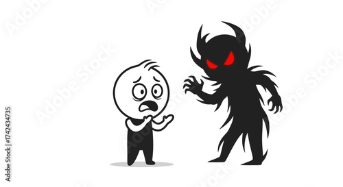 Confronting Inner Demons: Cartoon Man Faces Scary Shadow Character in Distress