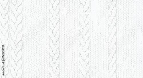 Cozy and elegant: A detailed white knitted texture showcases intricate braided patterns and soft