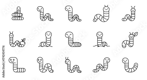 Delightful collection of cartoon worm icons showcasing a range of expressions and actions
