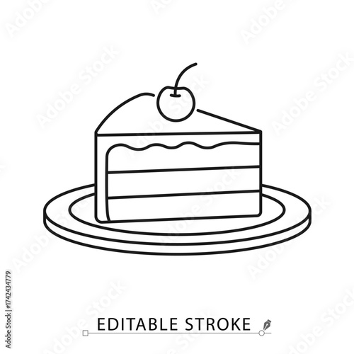 A slice of cake icon in a minimalist line style with editable stroke. Sweet dessert, birthday party food, bakery pastry, delicious confectionery, celebration piece with cherry.