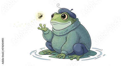 Quirky amphibian artist with beret gazing at glowing insect on lily pad animation