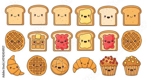Delightful breakfast treats vector illustration featuring kawaii toast waffles and pastries