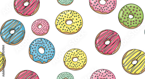 Delightful array of colorful donuts in a whimsical pattern perfect for backgrounds