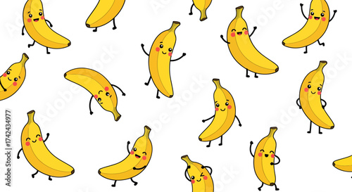Delightful banana character parade on white backdrop in a seamless pattern design