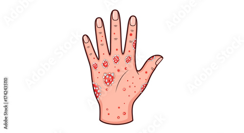 Detailed illustration of a human hand afflicted with skin rash and spots showing symptoms