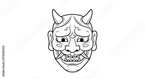 Detailed line art of a menacing Oni mask, evoking Japanese folklore and fierce expressions