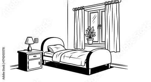 Detailed monochrome illustration showcasing a serene bedroom interior design scheme