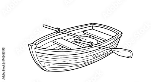 Detailed monochrome line art illustration of a classic wooden rowboat with oars for creative