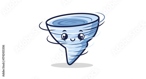 A charming cartoon tornado character spinning in a whirlwind of playful energy and motion