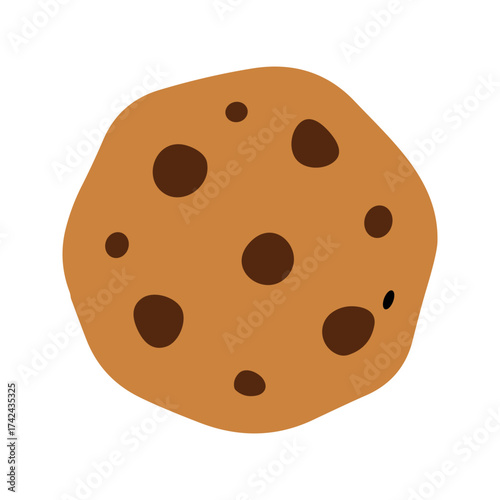 A round chocolate chip cookie with irregular edges sits on a white background and appears ready to be eaten.