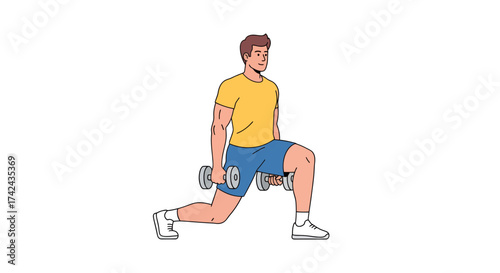 Dynamic lunge exercise illustration, man working out, strength training for a fit physique,