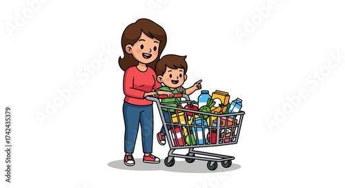 A delightful cartoon illustration of a mother and child grocery shopping together enjoying quality