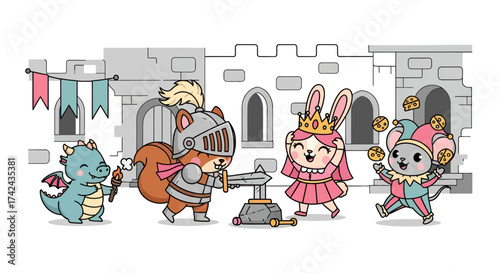 Delightful medieval kingdom adventure with charming animal characters in playful tableau
