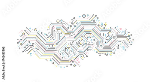 Abstract digital cloud technology circuit, representing interconnectedness and data flow on