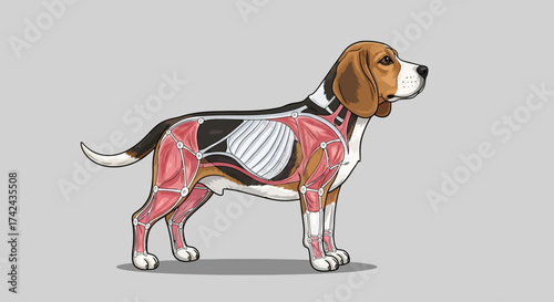 Detailed canine anatomy illustration showcasing muscle structure and skeletal framework anatomy