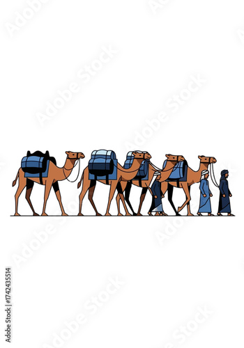 Flat Vector Illustration of a Desert Camel Caravan