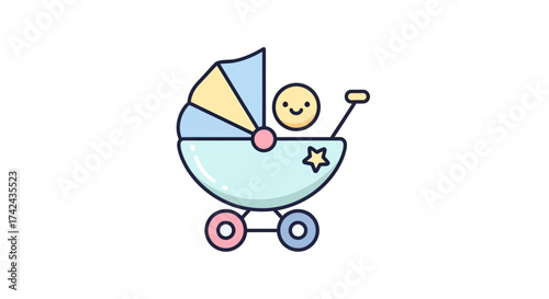 Adorable baby stroller icon with a happy baby, expressing joy and infant care
