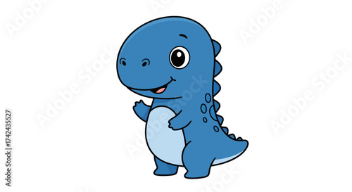 Adorable Cartoon Blue Dinosaur Character with Friendly Waving Hand Isolated on White Background