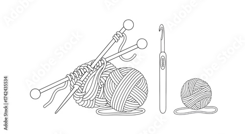 Elegant line art showcasing knitting needles yarn balls and crochet hook for creative hobbies