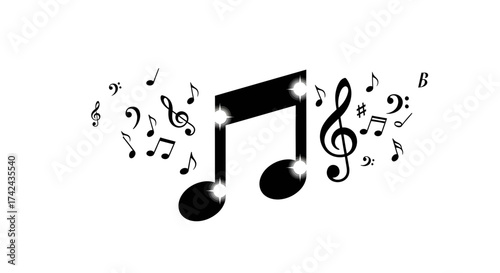 Elegant musical notation design featuring a variety of notes and symbols swirling around