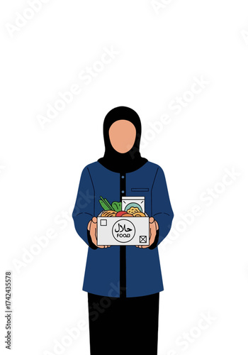 Flat Vector Muslim Woman Delivering Halal Food Box