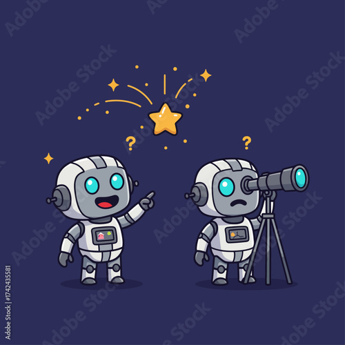 A happy cartoon robot points at a magical star, while a confused robot looks through a telescope.