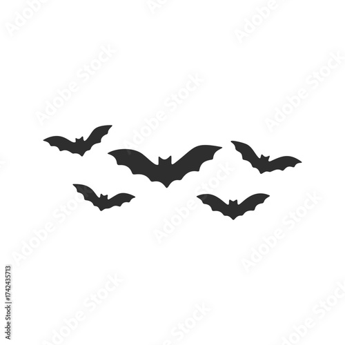 A group of bats are shown in silhouette against a white background, possibly alluding to a halloween theme or illustration.