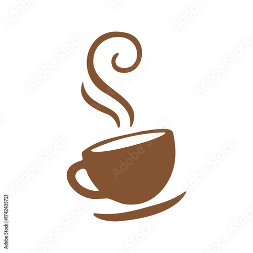 Stylized steamy cup of coffee on a saucer is seen with the liquid suggested by the white space inside the cup.