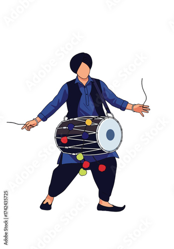 Traditional Bhangra Dhol Player Flat Vector Illustration