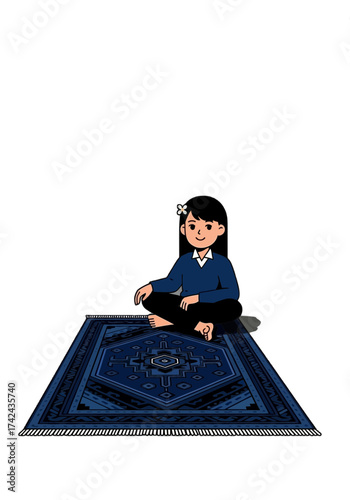 Cute Cartoon Girl Sitting Calmly on an Ornate Rug