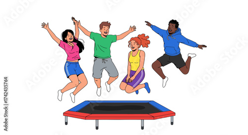 Energetic friends bouncing with joyful abandon on a trampoline for recreational fun
