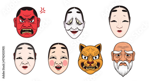 Diverse collection of japanese noh masks showcasing a range of expressive emotions and characters