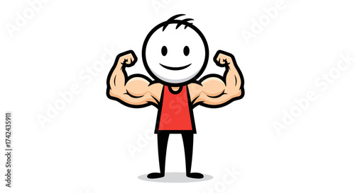 Cartoon character flexing muscles with a happy face promoting fitness motivation