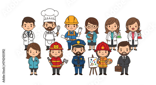 Diverse representation of occupational roles depicted in cartoon illustration characters