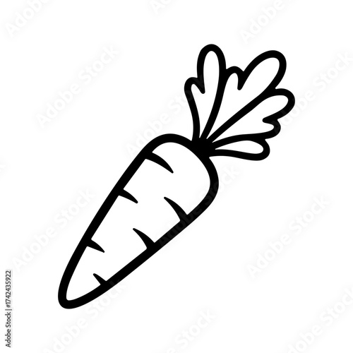 A simple cartoon carrot is drawn with black lines, including the leafy greens at the top of the carrot, on a white background.
