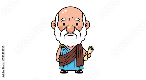 Cartoon depiction of a classical philosopher with a scroll and traditional garb character