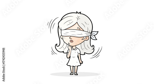 Cartoon character with a blindfold pondering a solution to an obscured challenge or problem